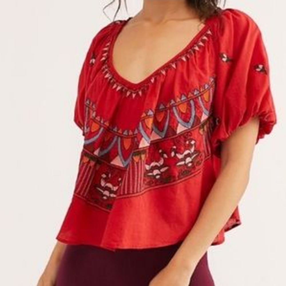 Free People Red Embroidered Blouse